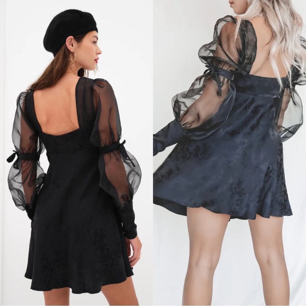 FOR LOVE & LEMONS Gabrielle Puff Sleeve Floral Jacquard Black Mini Dress Size XS - Picture 3 of 10